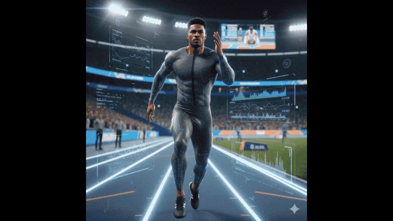 Atleta corriendo con superposición de datos biomecánicos, gemelos digitales y análisis de IA en estadio olímpico