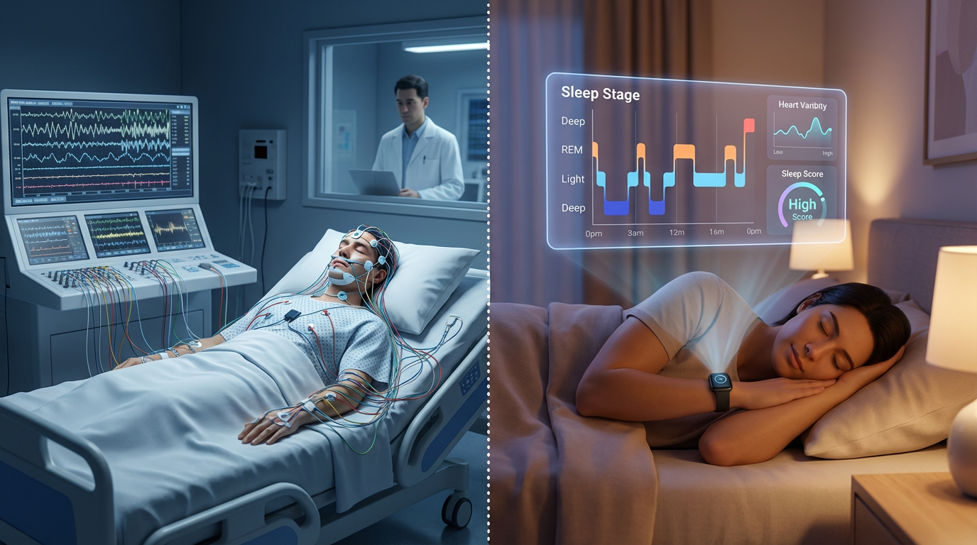Gráfico comparativo entre una polisomnografía clínica y los datos de sueño de un smartwatch con IA